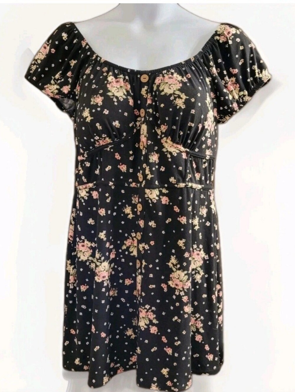 Floral Mini Dress Black Pink Button Front Womens 3X Cottagecore Fairy Padded